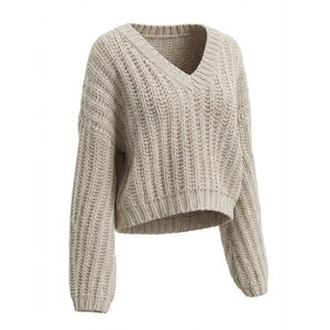 NWT Free People Ivory Cable Knit V-Neck Balloon Sleeve Sweater Size L